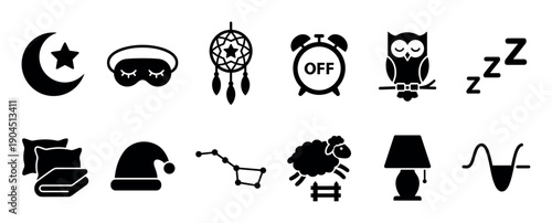Set of black sleep and nighttime icons featuring a moon, dreamcatcher, alarm clock, owl, and sheep for concepts of rest, dreams, and insomnia