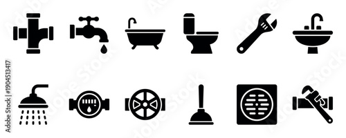 Set of black plumbing icons for bathroom and kitchen fixtures includes a pipe, faucet, toilet, wrench, sink, and shower head in a minimalist glyph style