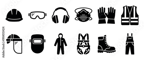 Personal protective equipment icon set featuring black glyphs of a hard hat, safety glasses, earmuffs, respirator mask, gloves, vest, boots, and a safety harness for work