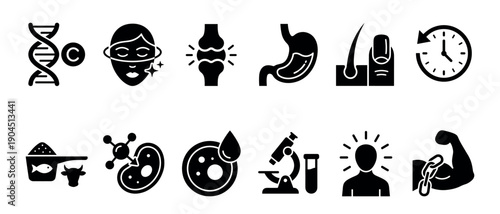 Black solid glyph icons collection representing collagen benefits for skin, hair, nails, joints, and muscles, including scientific research and anti-aging properties
