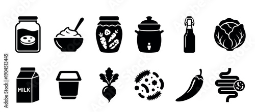 Collection of black glyph icons representing fermented foods, probiotics, and gut health, with symbols for kefir, yogurt, pickled vegetables, kombucha, and healthy digestion