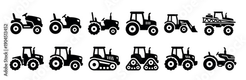 Collection of black tractor and agricultural vehicle icons in a simple flat silhouette style showing various types of farm machinery like a lawn mower, loader, and sprayer