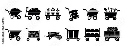 Black silhouette icons set of various wheelbarrows, garden carts, and wagons for farming and construction, showing different equipment for transporting soil, plants, and tools