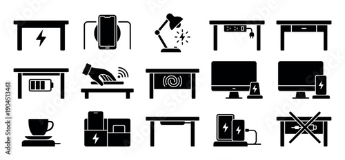 Wireless charging table and smart furniture icons showing various concepts like built-in power, phone chargers, and modern office technology in a black glyph style collection
