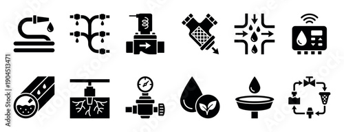 Set of black glyph icons for water management systems, including drip irrigation, filtration, pressure gauges, smart controllers, and conservation symbols for agriculture