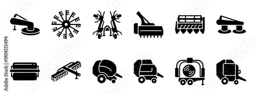 Black agricultural machinery icon set featuring various farm equipment for forage harvesting and haymaking, including mowers, rakes, balers, and combines in a solid glyph style