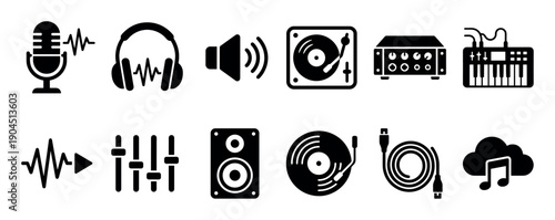 Black music and audio production icon set featuring a microphone, headphones, turntable, synthesizer, speaker, and vinyl record symbols for sound recording and entertainment