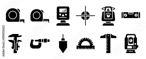 Collection of black measuring tool icons for surveying and construction, including a tape measure, level, and theodolite, presented in a minimalist glyph style for graphic design