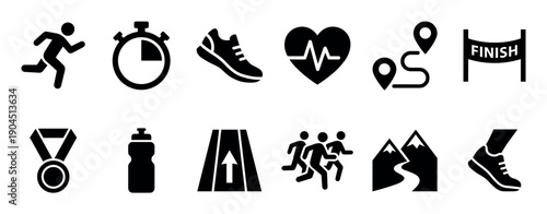 Collection of black silhouette running icons for fitness and marathon themes, including a stopwatch, medal, heartbeat, route map, and finish line for sports concepts