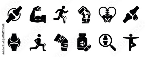 Black glyph icon set for orthopedics and rheumatology showing joint health, bone anatomy, sports injury, physical therapy, and medical treatment pictograms