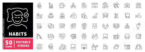 Habits editable line icons set: lifestyle and daily routine symbols