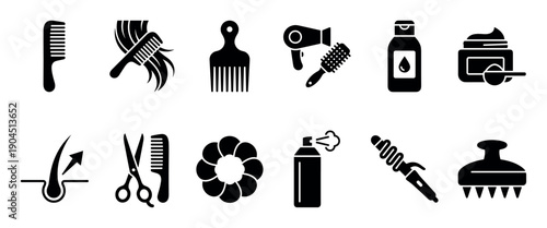 Set of black solid glyph icons for hairdressing and hair care, featuring a comb, scissors, hairdryer, and styling tools in a minimalist graphic style for a beauty salon or barbershop