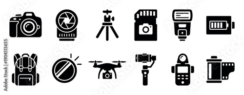 Collection of black photography and videography gear icons including a camera, lens, drone, tripod, gimbal, and film roll presented in a clean, simple glyph style