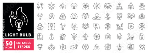 Lightbulb editable line icons set. Energy and idea symbols