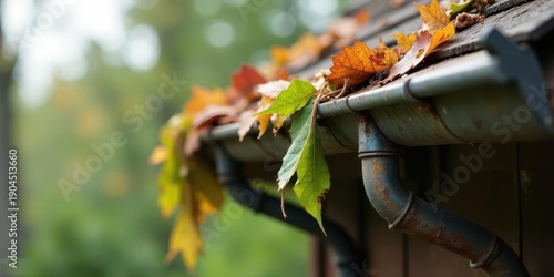 Autumn Leaves Clogged in a Rusted Gutter, a Sign of Seasonal Home Maintenance Needs