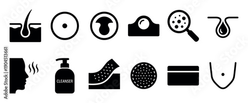 Collection of black skincare and dermatology icons representing various skin conditions and treatments like pores, acne, blackheads, and cleansers in a minimalist glyph style
