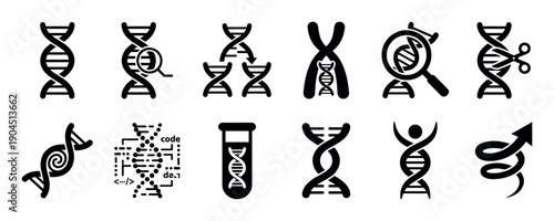 Collection of genetic science silhouette icons showing a DNA helix, chromosome, gene editing, lab test, and bioinformatics concepts in a minimalist black vector illustration set