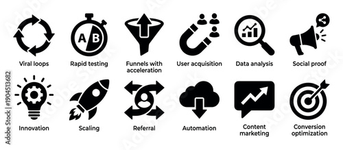 Growth hacking and digital marketing icon set with solid black glyphs representing concepts like rapid testing, user acquisition, data analysis, scaling, and conversion optimization