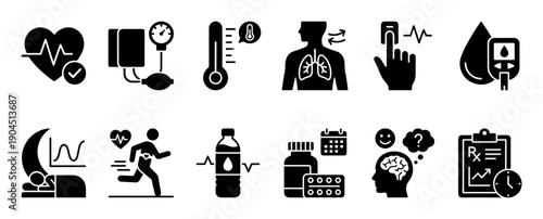 Collection of health monitoring glyph icons for medical diagnostics and healthy lifestyle concepts, including heart rate, blood pressure, medication, sleep, and mental health symbols