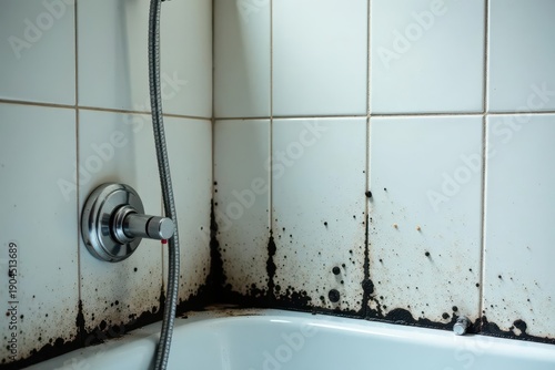 A showerhead and its flexible hose are visible in the corner of a bathtub with mold and mildew stains along the grout lines of the tiled wall