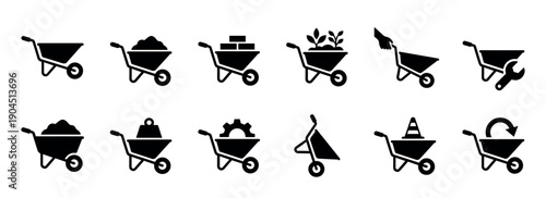 Collection of black wheelbarrow glyph icons representing various tasks like construction, gardening, repair, and material transport in a minimalist vector style symbol set