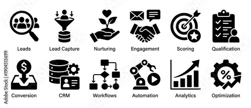 Set of black solid glyph icons representing lead management and marketing automation concepts like nurturing, scoring, conversion, CRM, workflows, and analytics for business