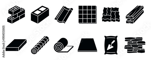 Set of black building material glyph icons featuring brick, concrete block, lumber, tile, roofing, rebar, and a cement bag for construction or renovation concepts