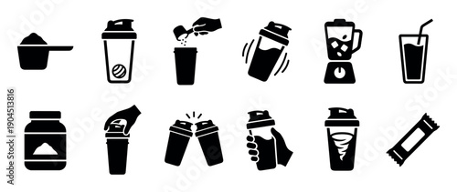 Protein shake and fitness supplement icon set in a minimalist glyph style, illustrating the preparation process with a shaker, scoop, powder, blender, and other gym nutrition elements