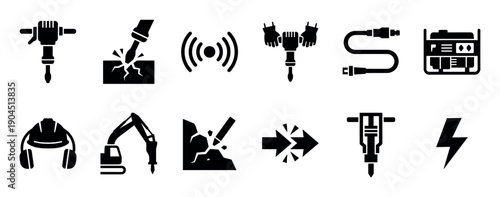 Demolition and construction work black glyph icons set featuring a jackhammer, excavator, generator, and safety equipment for heavy industry and building projects