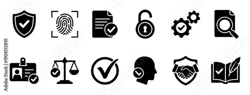 Set of black compliance and verification icons representing security, legal approval, identity, and trust with simple glyph symbols like a shield, fingerprint, and scales of justice