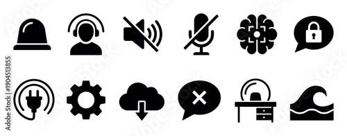 Set of twelve black solid glyph icons for user interface design, featuring symbols for communication, technology, security, and office concepts