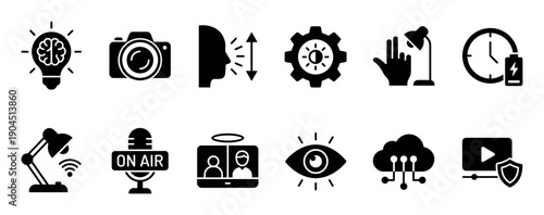 Set of black glyph icons for media creation, including symbols for podcasting, video streaming, photography, and online communication, representing modern digital technology and creative concepts