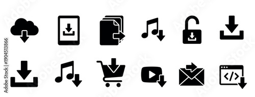 Set of twelve black download glyph icons for user interface design, including cloud, file, music, video, and code symbols for web and mobile application development