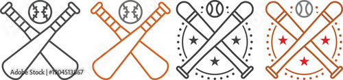 Baseball icon set collection group with crossed bats, ball, player swing symbols, sport team equipment emblems, vintage badge style isolated on white background vector.