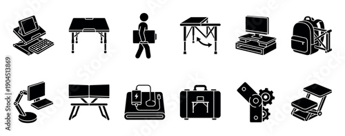 Set of black glyph icons for portable office equipment shows a folding table, ergonomic chair, laptop stand, and backpack for remote work and digital nomads