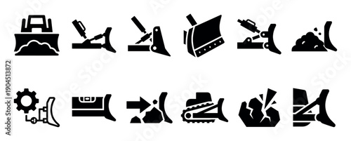 Bulldozer and earthmover machinery black glyph icons showing various dozer blades, attachments, and construction actions like pushing soil, leveling ground, and breaking rocks