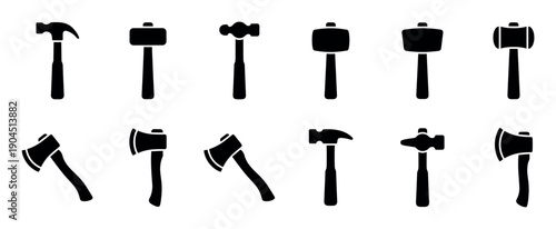 Collection of black tool silhouettes featuring various hammers and axes in a minimalist icon set for construction and carpentry themes, presented in a clean graphic style