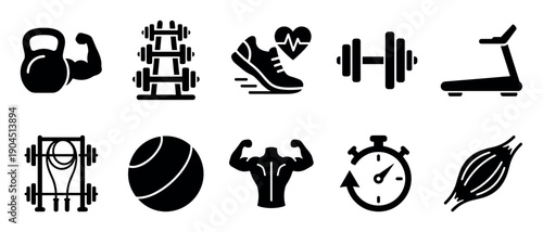 Collection of black minimalist gym icons representing fitness equipment and concepts, including a dumbbell, kettlebell, treadmill, stopwatch, and symbols for strength and cardio