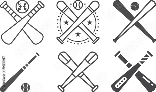 Baseball icon set collection group with crossed bats, ball, player swing symbols, sport team equipment emblems, vintage badge style isolated on white background vector.
