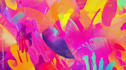 Vibrant Abstract Digital Art Background Bursting with Energetic Neon Pink, Fuchsia, Yellow, and Orange Hues, Featuring Dynamic Shapes, Textured Overlays, and Modern Graphic Elements for Lively Aesthet