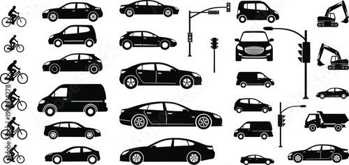 Urban Transport Silhouette Set with Vehicles and Signals. Traffic and Mobility Icons for Infrastructure Design. City Movement Concept