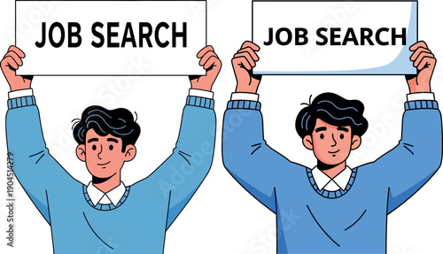 Two men holding job search signs looking for employment opportunities.