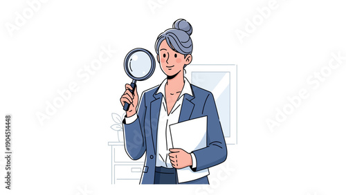 Businesswoman holding magnifying glass and document for investigation.