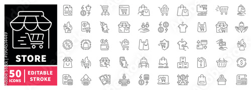 Shopping and retail editable line icons set. Store and commerce visuals