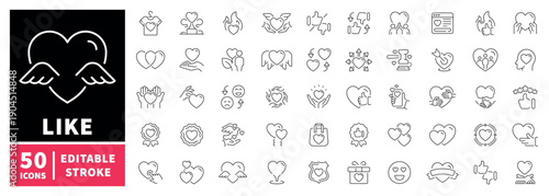 Like editable line icons set with heart, thumbs, emotion symbols