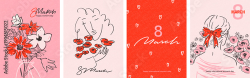 8 March greeting cards set with red and white flowers, woman face, silhouette. Hand drawn, sketched spring flowers. Women's day congratulations. Pink, red, white colors. 