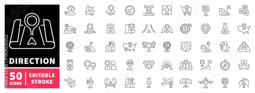 Direction editable line icons set: guide, navigation, map symbols in linear style