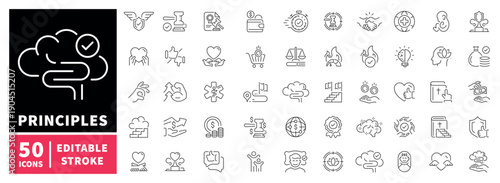 Psychology and principles editable line icons set. Outline, mindset, ethics symbols