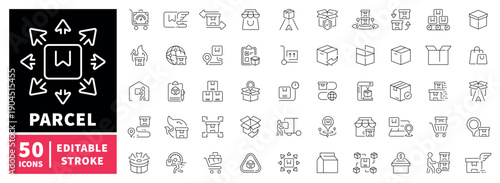 Parcel and delivery editable line icons set: shipping, package graphics