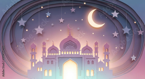 Eid Mubarak greeting with mosque and crescent moon
